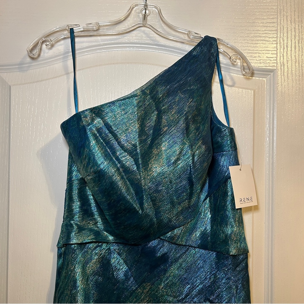 NWT Rene Ruiz Collection Teal Organza One Shoulder Gown Size 8
